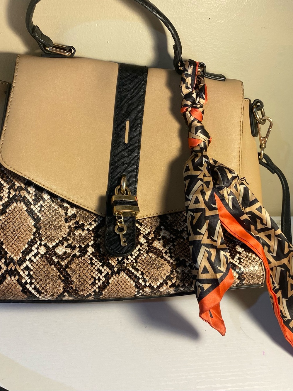 Aldo Beige and Black Snake-Print Shoulder Satchel with Scarf Accent